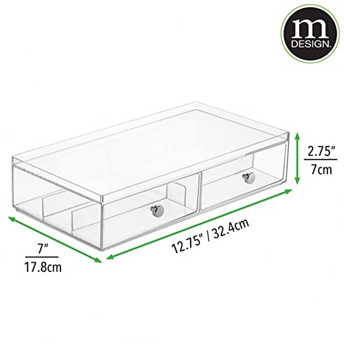 mDesign Wide Stackable Plastic Eye Glass Organizer Box Holder for Sunglasses, Reading Glasses, Lens Cleaning Cloths, Accessories - 2 Divided Drawers with 6 Sections, Chrome Pulls, 2 Pack - Clear