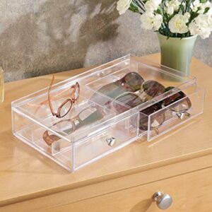mDesign Wide Stackable Plastic Eye Glass Organizer Box Holder for Sunglasses, Reading Glasses, Lens Cleaning Cloths, Accessories - 2 Divided Drawers with 6 Sections, Chrome Pulls, 2 Pack - Clear