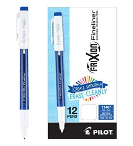pilot frixion fineliner erasable marker pens, fine point, blue ink, 12-pack (11467)