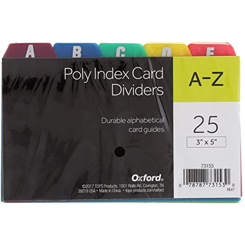 Oxford Poly Index Card Guide Set, 3 x 5 Inches, A-Z, 1/5 Inch Cut Tabs, Assorted Colors, 25 per Set, Sold as 4 Pack (73153)