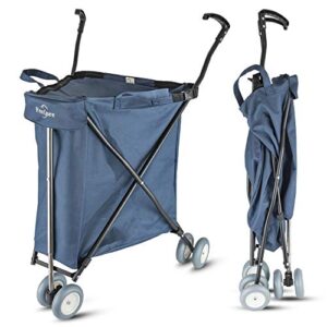 freshore utility shopping cart with wheels - collapsible push folding grocery wagon trolley 丨 laundry trolley carrier with heavy duty flexible fashion design (navy blue)