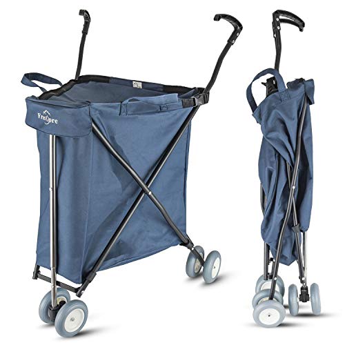 Freshore Utility Shopping Cart with Wheels - Collapsible Push Folding Grocery Wagon Trolley 丨 Laundry Trolley Carrier with Heavy Duty Flexible Fashion Design (Navy Blue)