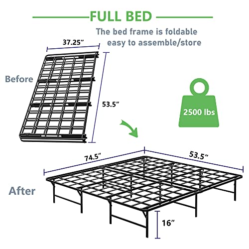 ZIYOO Full Size Folding Bed Frame, 16 Inch High, Heavy Duty 2500 lbs Support Mattress Foundation, No Box Spring Needed, Easy Assembly, Noise Free-Black