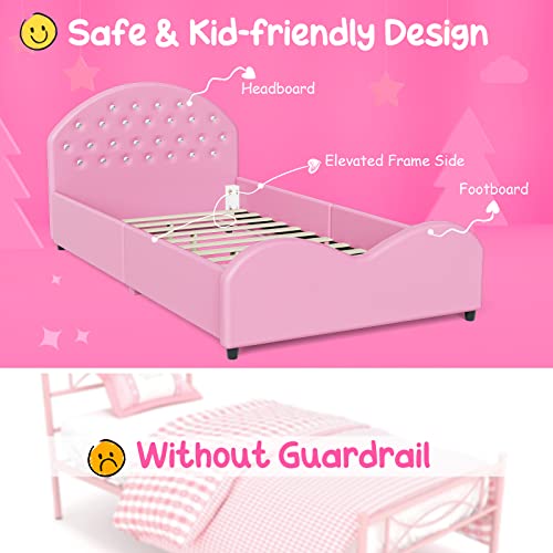 HONEY JOY Kids Twin Bed Frame with Headboard, Toddler Upholstered Platform Bed with Slatted Bed Base, No Box Spring Needed, Princess Wooden Single Bed for Baby Girls, Twin Size in Pink