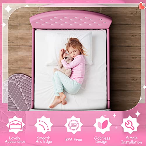 HONEY JOY Kids Twin Bed Frame with Headboard, Toddler Upholstered Platform Bed with Slatted Bed Base, No Box Spring Needed, Princess Wooden Single Bed for Baby Girls, Twin Size in Pink