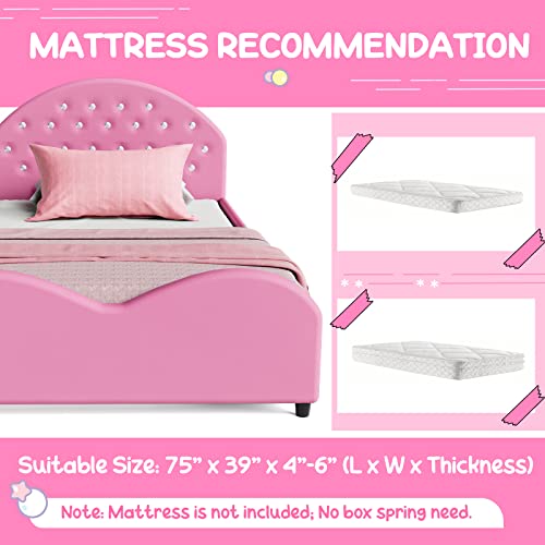 HONEY JOY Kids Twin Bed Frame with Headboard, Toddler Upholstered Platform Bed with Slatted Bed Base, No Box Spring Needed, Princess Wooden Single Bed for Baby Girls, Twin Size in Pink