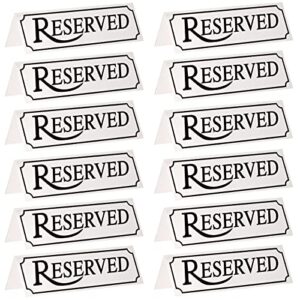 12-pack small metal reserved table signs for restaurants, dinner parties, bridal showers, and wedding banquets, anniversaries, etched silver design (4.7x1.5 in)