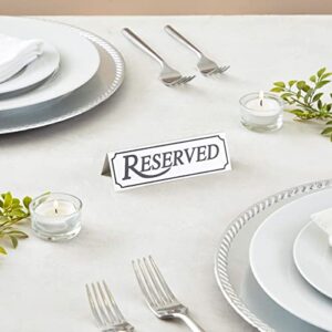 12-Pack Small Metal Reserved Table Signs for Restaurants, Dinner Parties, Bridal Showers, and Wedding Banquets, Anniversaries, Etched Silver Design (4.7x1.5 in)