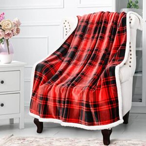 red plaid sherpa fleece blanket, super soft warm cozy flannel reversible buffalo check throw blanket for couch sofa bed, 50" x 60"
