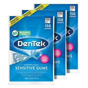 dentek comfort clean sensitive gums floss picks, soft & silky ribbon, 150 count, 3 pack