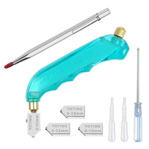 yotino glass cutting tool kit includes blue pistol grip oil feed glass cutter with 3 extra replacement head(3mm-12mm, 6mm-19 mm) tungsten scribe engraving pen, screwdriver and oil dropper