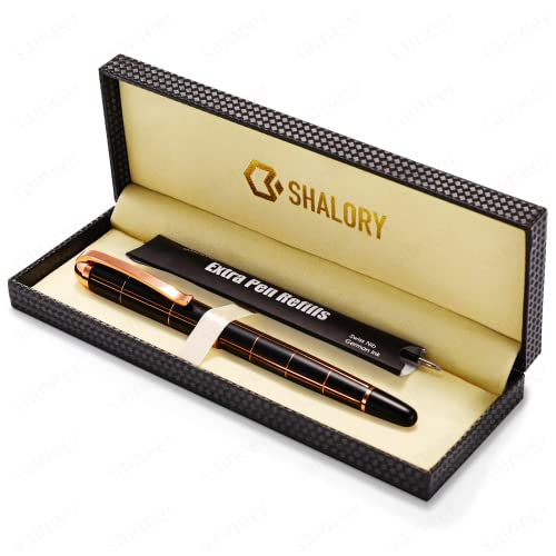 SHALORY Rose Gold Gel Ink Rollerball Pen-Geometric Stripe Style Copper Grip Metal Pens in Gift Box with 1 Extra Refill,Valentine's Day Gifts for Women &Men (Black Ink, 0.7mm Fine Point)