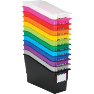 really good stuff rainbow organizing bins, premium plastic book holders with name labels, vertical storage & organization for classroom & home, color code files, books, binders, supplies, 12 pk