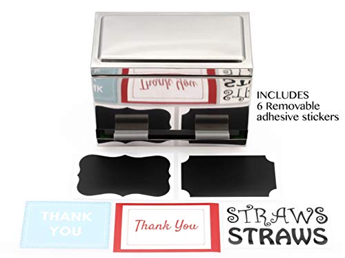 2Fold Supply Stainless Steel Straw Dispenser - For Bulk Unwrapped Drinking Straws - Custom Thank You, Straw and Chalkboard Labels Included - Stainless