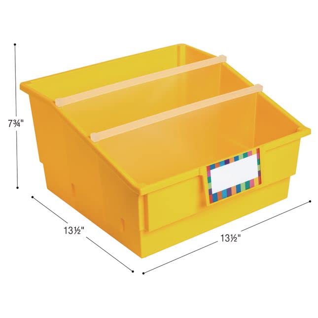 Really Good Stuff Large Plastic Book Organizer Bins, Dividers, Built-in Label Holder, 13.5” by 13.5” by 7.75” (Set of 4, Primary Colors) - For Picture Books, Large Reference Books in Classroom or Home