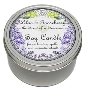 lilac and gooseberry scented large soy candle tin | 14 ounces hand poured | clean burning soy wax | yennefer scent of a sorceress by bella des natural beauty