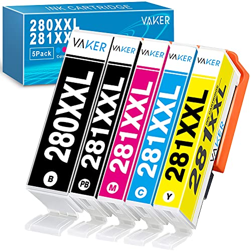 VAKER Compatible Ink Cartridge Replacement for Canon PGI-280XXL CLI-281XXL 280 XXL 281 XXL Use in PIXMA TR7520 TR8520 TS9520 TS9521C TS6320 TS6220 TS6120 TS8120 Printer (5 Packs)