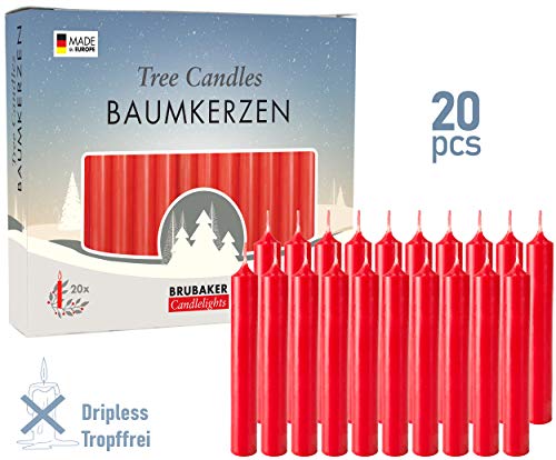 BRUBAKER Tree Candles - Pack of 20 - Red - 3¾ x ½ Inches (9.5 x 1.27cm) - Made in Europe - Pyramids, Carousels & Chimes