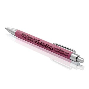 kate posh bitch please i'm so fucking fabulous, i piss glitter and shit rainbows - engraved pink leather pen - funny gag gift