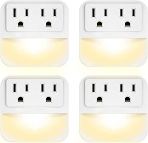 powrui plug-in night light with 2-outlet extender, warm white led nightlight with dusk-to-dawn sensor for bedroom, bathroom, kitchen, hallway, stairs, 4-pack
