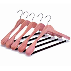 amber home 5 pack american red cedar wood coat, suit hangers with extra wide shoulder, wooden jacket clothes hanger smooth deluxe aromatic natural cedar with non slip velvet pant bar