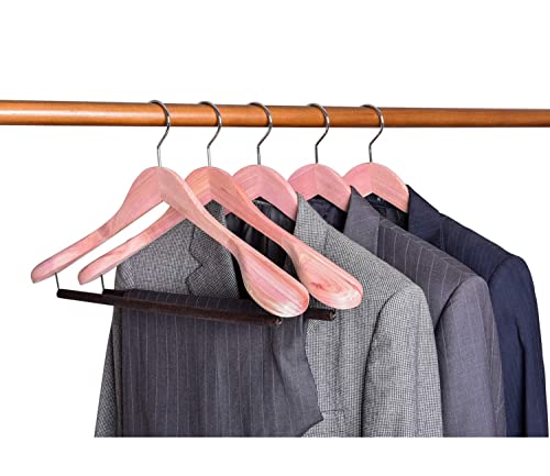 Amber Home 5 Pack American Red Cedar Wood Coat, Suit Hangers with Extra Wide Shoulder, Wooden Jacket Clothes Hanger Smooth Deluxe Aromatic Natural Cedar with Non Slip Velvet Pant Bar