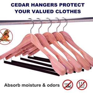 Amber Home 5 Pack American Red Cedar Wood Coat, Suit Hangers with Extra Wide Shoulder, Wooden Jacket Clothes Hanger Smooth Deluxe Aromatic Natural Cedar with Non Slip Velvet Pant Bar