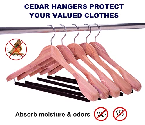 Amber Home 5 Pack American Red Cedar Wood Coat, Suit Hangers with Extra Wide Shoulder, Wooden Jacket Clothes Hanger Smooth Deluxe Aromatic Natural Cedar with Non Slip Velvet Pant Bar