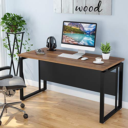 LITTLE TREE 55 inches Computer Desk, Home Office Desk Writing Table for Workstation with Clean Design,Dark Walnut + Steel Leg