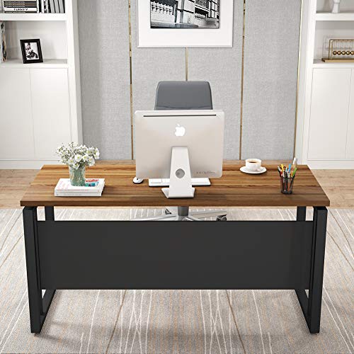 LITTLE TREE 55 inches Computer Desk, Home Office Desk Writing Table for Workstation with Clean Design,Dark Walnut + Steel Leg