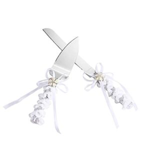 TANG SONG Stainless Steel Elegant Wedding Cake Knife and Serving Set Resin Plastic Handle Pearl Flower Shape with Lace Wedding Cake Knife and Shovel