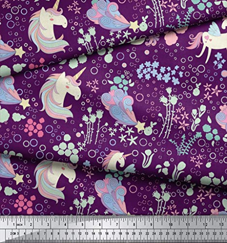 Soimoi Purple Heavy Canvas Fabric Unicorn & Floral Print Fabric Upholstery Fabric, Fabric for Home Accents by The Yard 58 Inch Wide