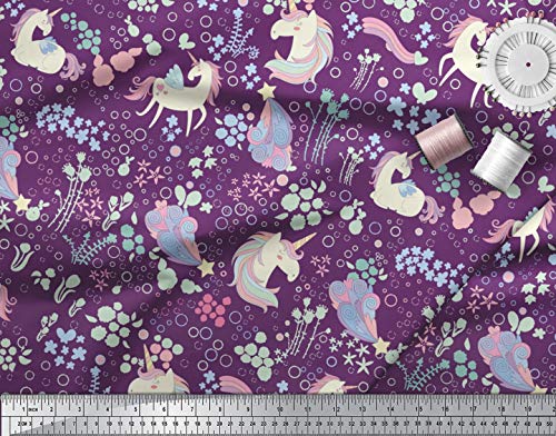 Soimoi Purple Heavy Canvas Fabric Unicorn & Floral Print Fabric Upholstery Fabric, Fabric for Home Accents by The Yard 58 Inch Wide