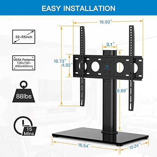 Universal TV Stand - Table Top TV Stand for 32-55 Inch LCD LED TVs - Height Adjustable TV Base Stand with Tempered Glass Base & Wire Management & Security Wire, Holds up to 88lbs, VESA 400x400mm