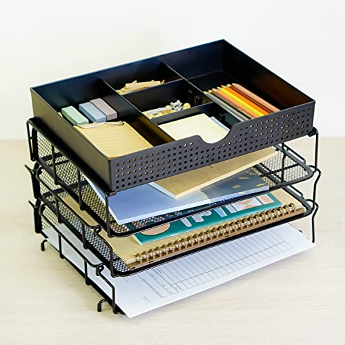 CAXXA 3 Trays Stackable Mesh Letter Tray, Desk File Organizer, Desktop Paper Tray Holder with Drawer, Black