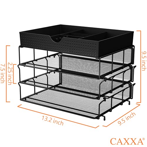 CAXXA 3 Trays Stackable Mesh Letter Tray, Desk File Organizer, Desktop Paper Tray Holder with Drawer, Black