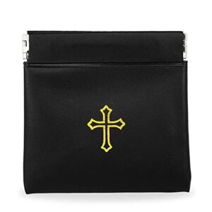 squeeze top rosary pouch black vinyl with gold cross imprint
