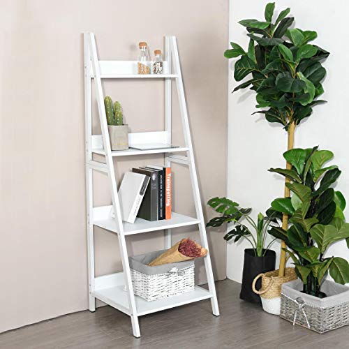 None White Finish 4-Tier Shelves Leaning Ladder Bookcase Bookshelf Display Planter