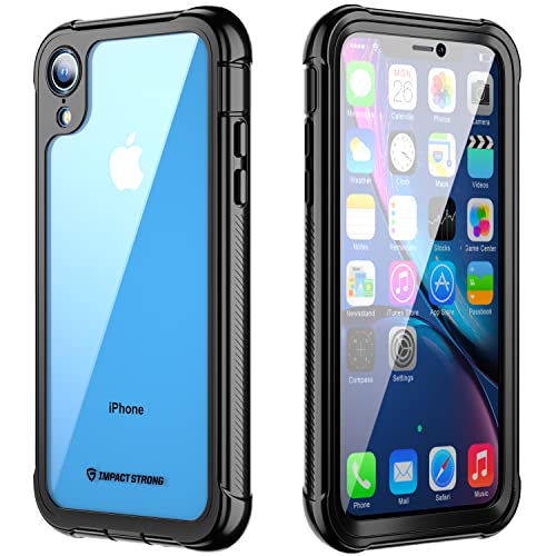 ImpactStrong Clear Case for iPhone XR, Ultra Protective with Built-in Clear Screen Protector Transparent Full Body Cover (Black)