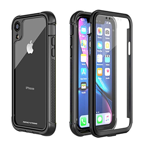 ImpactStrong Clear Case for iPhone XR, Ultra Protective with Built-in Clear Screen Protector Transparent Full Body Cover (Black)