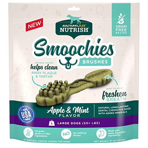 Rachael Ray Nutrish Smoochies Brushes Natural Long Lasting Dog Dental Chews, Apple & Mint, Large Size, 37 Treats, Grain Free