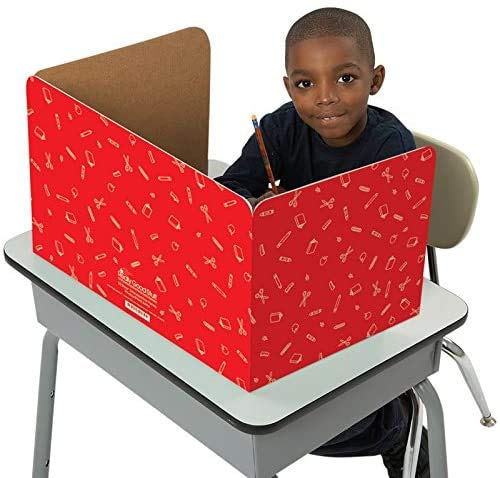 Really Good Stuff Standard Privacy Shields for Student Desks – Set of 12 - Matte - Study Carrel Reduces Distractions - Keep Eyes From Wandering During Tests , Red With School Supplies Pattern