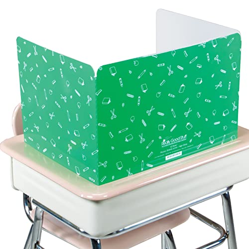 Really Good Stuff Standard Privacy Shields for Student Desks – Set of 12 - Matte - Study Carrel Reduces Distractions - Keep Eyes From Wandering During Tests , Green With School Supplies Pattern