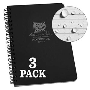 Rite In The Rain Weatherproof Side Spiral Notebook, 4.625" x 7", Black Cover, Universal Pattern, 3 Pack (No. 773L3)