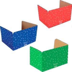 standard privacy shields for student desks – set of 12 - 3 group colors -matte - study carrel reduces distractions - keep eyes from wandering during tests, red, blue & green school supplies pattern