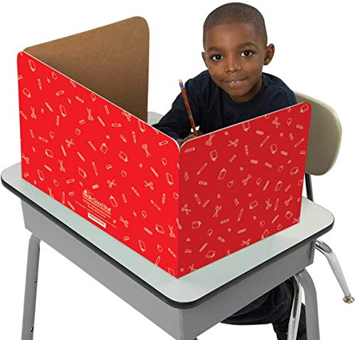 Standard Privacy Shields for Student Desks – Set of 12 - 3 Group Colors -Matte - Study Carrel Reduces Distractions - Keep Eyes From Wandering During Tests, Red, Blue & Green School Supplies Pattern