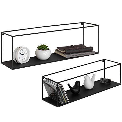 MyGift Black Floating Shelves for Wall, Decorative Rectangular Metal Frame Display Wall Shelf for Bedroom