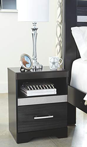 Signature Design by Ashley Starberry Glam 1 Drawer Nightstand with 2 Slim-Profile USB Charging Stations & Silvertone Glitter Accents, Black