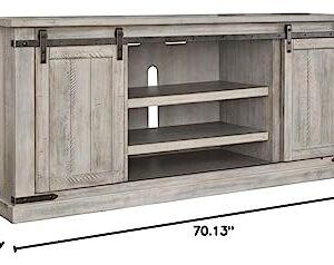 Signature Design by Ashley Carynhurst Modern Farmhouse TV Stand Fits TVs up to 68", Sliding Barn Doors with Adjustable Storage Shelves, Whitewash