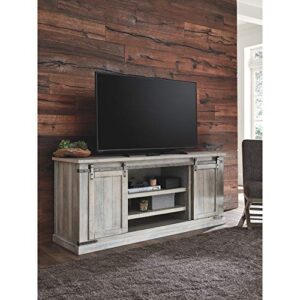 Signature Design by Ashley Carynhurst Modern Farmhouse TV Stand Fits TVs up to 68", Sliding Barn Doors with Adjustable Storage Shelves, Whitewash